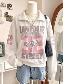 SHEIN Sparklyn 青少年女孩字母印花拉鍊半開襟長袖運動衫 - 白色 - 查看 2