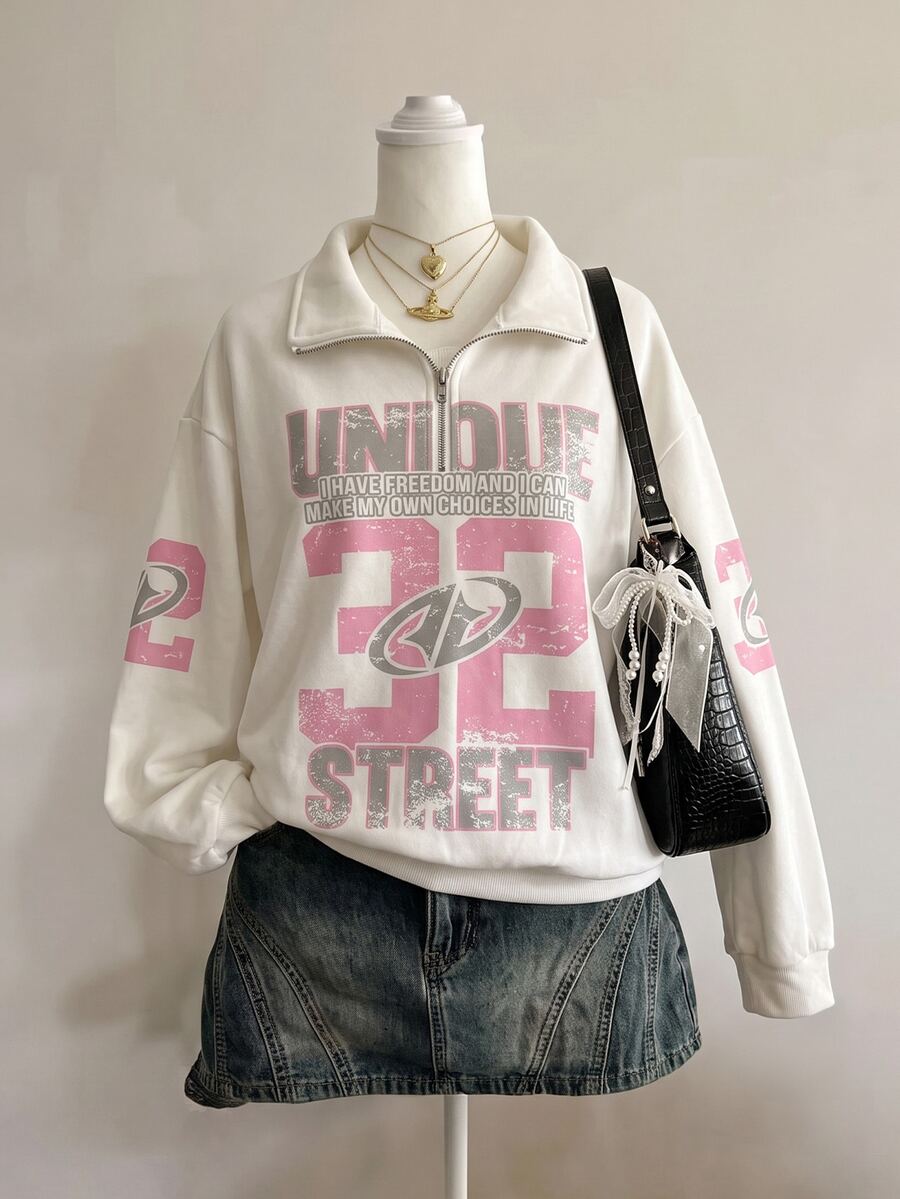 SHEIN Sparklyn 青少年女孩字母印花拉鍊半開襟長袖運動衫 - 白色 - 查看 1