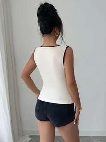 Elenzga 新款女士撞色圆领荷叶边腰身优雅小众设计奢华通勤百搭年轻女士衬衫女式上衣优雅经典办公上衣女士优雅高贵白色女士上衣女士工作上衣优雅经典上衣白色无袖上衣女士工作上衣 - 杏色 - 查看 2