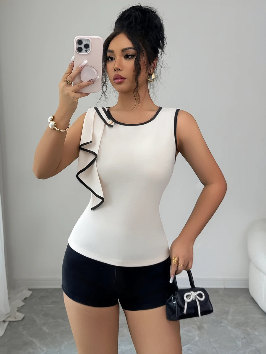 Elenzga 新款女士撞色圆领荷叶边腰身优雅小众设计奢华通勤百搭年轻女士衬衫女式上衣优雅经典办公上衣女士优雅高贵白色女士上衣女士工作上衣优雅经典上衣白色无袖上衣女士工作上衣 - 杏色 - 查看 1