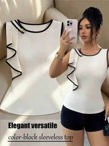 Elenzga 新款女士撞色圆领荷叶边腰身优雅小众设计奢华通勤百搭年轻女士衬衫女式上衣优雅经典办公上衣女士优雅高贵白色女士上衣女士工作上衣优雅经典上衣白色无袖上衣女士工作上衣 - 杏色 - 查看 3
