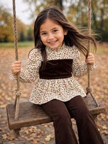 Emery Rose Kids Emery Rose Kids 女童編織花卉拼色立領羊腿袖休閒襯衫與針織喇叭褲 2件套 - 彩色 - 查看 5