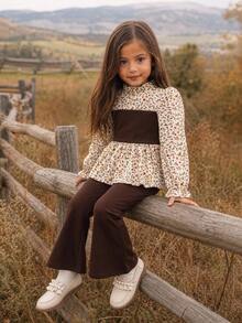 Emery Rose Kids Emery Rose Kids 女童編織花卉拼色立領羊腿袖休閒襯衫與針織喇叭褲 2件套 - 彩色 - 查看 3