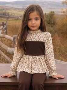Emery Rose Kids Emery Rose Kids 女童編織花卉拼色立領羊腿袖休閒襯衫與針織喇叭褲 2件套 - 彩色 - 查看 4