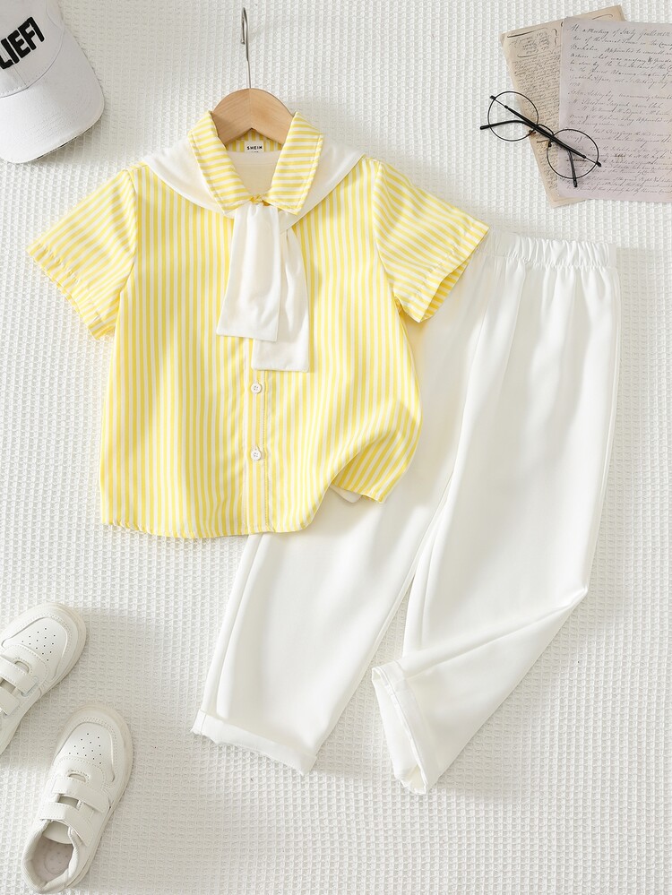 SHEIN Kids Young Boys Cute Casual Preppy Style Yellow Striped Short Sleeve Shirt With Elastic Waist White Long Pants And Set, Spring/Summer Back To School - Multicolor - View 3