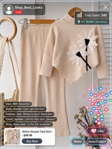 SHEIN 女童春夏秋冬休閒 T-shirt 套裝 設計感不對稱套頭高領針織羅紋刷毛布料 杏色長袖 - 杏色 - 查看 3