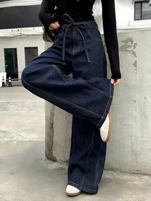 DAZY Women's Washed Tie-Up Casual Denim Jeans, Autumn/Winter Street Style - Royal Blue - View 2