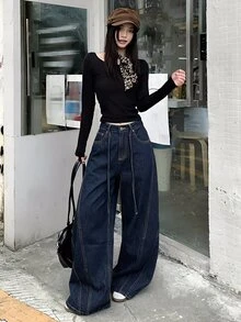 DAZY Women's Washed Tie-Up Casual Denim Jeans, Autumn/Winter Street Style - Royal Blue - View 3