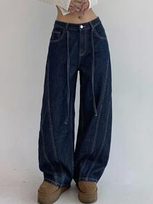 DAZY Women's Washed Tie-Up Casual Denim Jeans, Autumn/Winter Street Style - Royal Blue - View 1