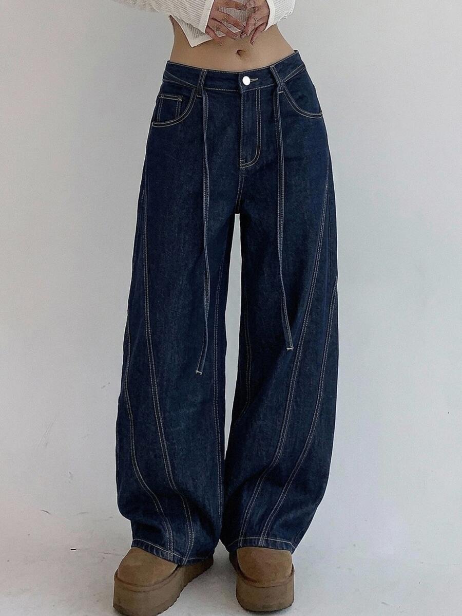 DAZY Women's Washed Tie-Up Casual Denim Jeans, Autumn/Winter Street Style - Royal Blue - View 1