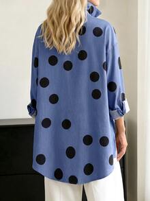 Weeklong Women's Plus Size Spring/Autumn Single Piece Polka Dot Print Stand Collar Asymmetrical Faux Denim Shirt Loose Silhouette Casual Commute Style Fall - Multicolor - View 6
