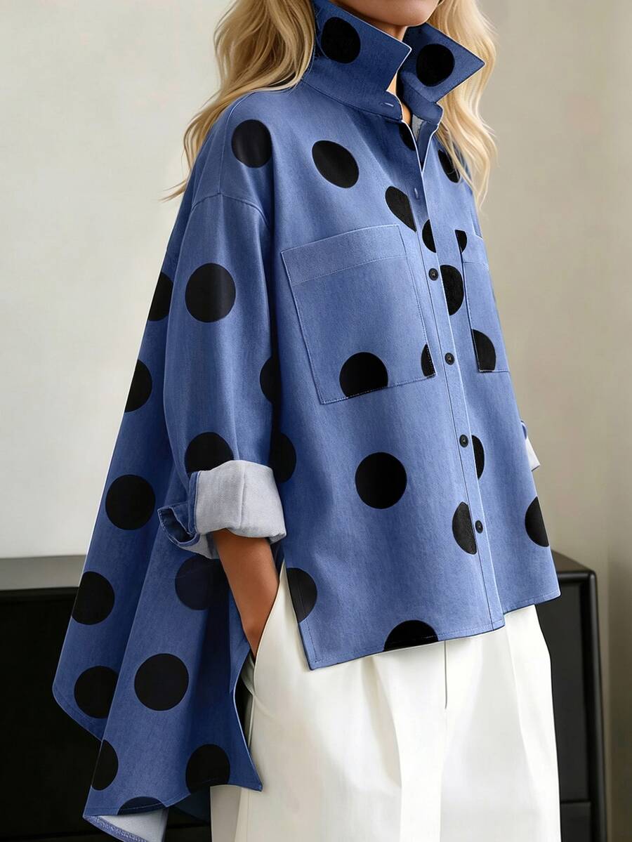 Weeklong Women's Plus Size Spring/Autumn Single Piece Polka Dot Print Stand Collar Asymmetrical Faux Denim Shirt Loose Silhouette Casual Commute Style Fall - Multicolor - View 1