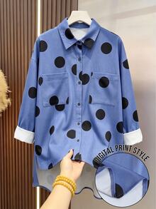 Weeklong Women's Plus Size Spring/Autumn Single Piece Polka Dot Print Stand Collar Asymmetrical Faux Denim Shirt Loose Silhouette Casual Commute Style Fall - Multicolor - View 3