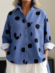 Weeklong Women's Plus Size Spring/Autumn Single Piece Polka Dot Print Stand Collar Asymmetrical Faux Denim Shirt Loose Silhouette Casual Commute Style Fall - Multicolor - View 4