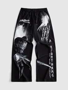 ROMWE MEN A Nightmare on Elm Street X ROMWE 男士字母印花抽繩腰寬鬆休閒運動長褲 - 黑色 - 查看 3