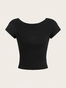 SHEIN MOD Sexy Casual Minimalist Solid Color Off Shoulder Short Sleeve Backless Fitted Women Black T-Shirts, Suitable For Summer Suitable For Going Out - Black - View 3