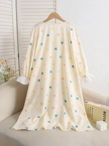 SHEIN 少女寬鬆休閒童裝刺繡蕾絲飾邊拼接愛心紋理梭織長袖蝴蝶結家居睡袍杏色秋冬套裝 - 杏色 - 查看 2