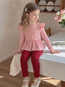 Elladie kids 女童 2 件組 愛心印花荷葉邊長袖 T 恤與內搭褲，春季/秋季 - 粉色 - 查看 1