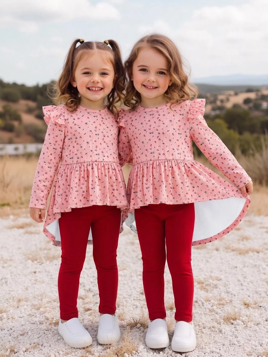 Elladie kids Girls 2pcs Set Heart Print Ruffle Trim Long Sleeve T-Shirt And Leggings, Spring/Autumn - Pink - View 1