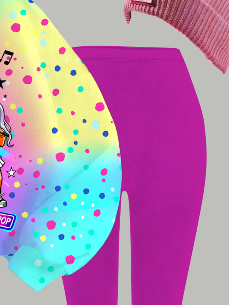 Conjunto de 2 piezas de sudadera de cuello redondo de manga larga y leggings con estampado de grupo de chicas de dibujos animados lindo para niñas preadolescentes, adecuado para otoño/invierno - Multicolor - Añade 7