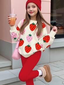 青少年女孩休閒可愛甜美波點草莓圖案，美式復古紅奶油色系，圓領休閒落肩衛衣與修身緊身褲2件套，日常穿搭，舒適秋冬風格，秋季新款，可愛 - 彩色 - 查看 3
