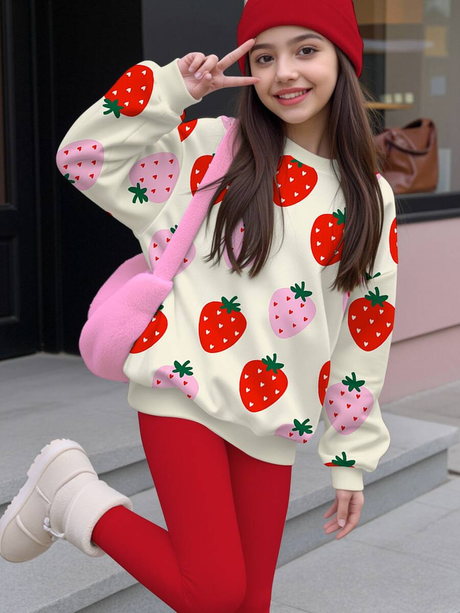 青少年女孩休閒可愛甜美波點草莓圖案，美式復古紅奶油色系，圓領休閒落肩衛衣與修身緊身褲2件套，日常穿搭，舒適秋冬風格，秋季新款，可愛
