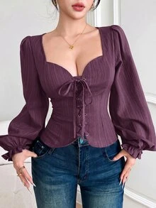 Feyla 深紫色純色前綁帶燈籠袖性感女款襯衫，適合秋季夜晚外出穿搭 - 紫色 - 查看 5