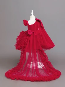Glamorique Kids 女嬰拖尾禮服，1歲生日慶祝派對婚禮賓客禮服，紅色夏季優雅亮片秋季款 - 酒紅色 - 查看 3