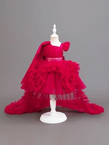 Glamorique Kids 女嬰拖尾禮服，1歲生日慶祝派對婚禮賓客禮服，紅色夏季優雅亮片秋季款 - 酒紅色 - 查看 2
