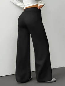 SHEIN PETITE 女款純色折腰寬腿休閒長褲，夏季黑色高腰闊腿褲，寬鬆居家運動褲，百搭喇叭西裝褲，適合嬌小女性 - 黑色 - 查看 3