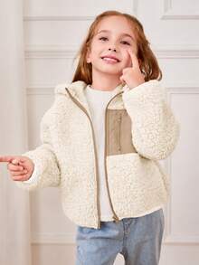 Cozy Pixies Young Girl Young Girl Bubble Fleece Thick Contrast Color Hooded Long Sleeve Open Front Winter Jacket - Beige - View 6