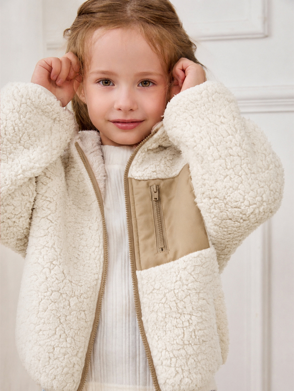 Cozy Pixies Young Girl Young Girl Bubble Fleece Thick Contrast Color Hooded Long Sleeve Open Front Winter Jacket
