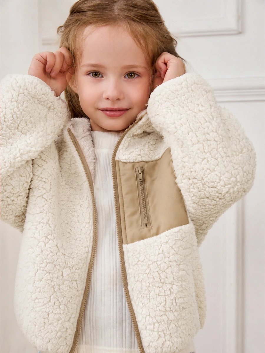 Cozy Pixies Young Girl Young Girl Bubble Fleece Thick Contrast Color Hooded Long Sleeve Open Front Winter Jacket - Beige - View 1