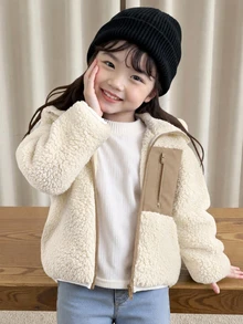 Cozy Pixies Young Girl Young Girl Bubble Fleece Thick Contrast Color Hooded Long Sleeve Open Front Winter Jacket - Beige - View 8