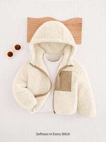 Cozy Pixies Young Girl Young Girl Bubble Fleece Thick Contrast Color Hooded Long Sleeve Open Front Winter Jacket - Beige - View 3