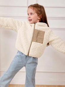 Cozy Pixies Young Girl Young Girl Bubble Fleece Thick Contrast Color Hooded Long Sleeve Open Front Winter Jacket - Beige - View 7