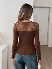 Elyressa Elegant Solid Color Lace Patchwork Tie-Front T-Shirt - Brown - View 2
