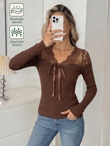Elyressa Elegant Solid Color Lace Patchwork Tie-Front T-Shirt - Brown - View 3