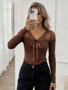 Elyressa Elegant Solid Color Lace Patchwork Tie-Front T-Shirt - Brown - View 4