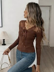 Elyressa Elegant Solid Color Lace Patchwork Tie-Front T-Shirt - Brown - View 6