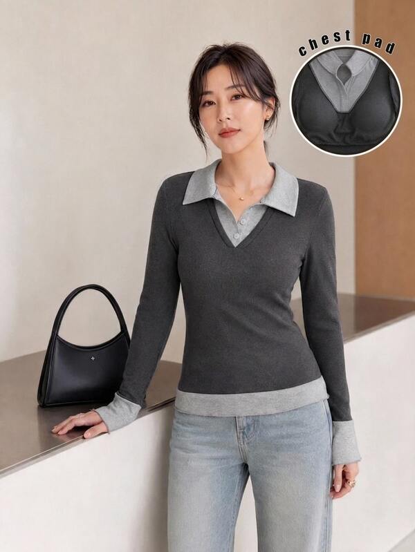 Yumoku Women's Autumn Casual Colorblock Patchwork 2 In 1 T-Shirt School Teacher Dark Grey Faux Two-Piece Long-Sleeved T-Shirt With Bra Pads