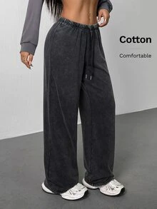 SHEIN PETITE 女款休閒低腰直筒運動長褲，適合夏季，水洗寬腿舒適大尺寸居家寬鬆長褲，適合嬌小女性 - 黑色 - 查看 5