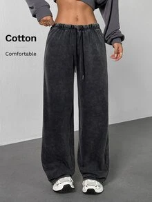 SHEIN PETITE 女款休閒低腰直筒運動長褲，適合夏季，水洗寬腿舒適大尺寸居家寬鬆長褲，適合嬌小女性 - 黑色 - 查看 4