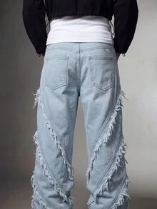 IRON GLYPH Loose Fit Men's Solid Color Denim Jeans With Frayed Hem, No Belt - Blue - View 3
