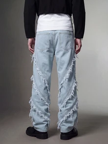 IRON GLYPH Loose Fit Men's Solid Color Denim Jeans With Frayed Hem, No Belt - Blue - View 2