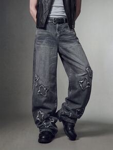 IRON GLYPH Manfinity Streetrush Men's Star Pattern Raw Edge Loose Wide Leg Jeans, Dark Grey Summer Streetwear Cyber Punk Casual Low Waisted Grunge Back-To-School - Black - View 1