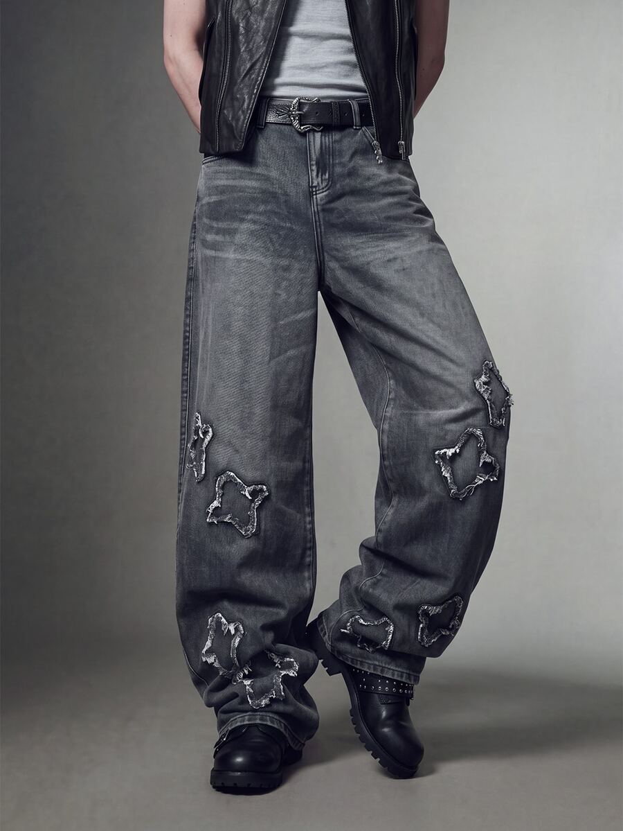 IRON GLYPH Manfinity Streetrush Men's Star Pattern Raw Edge Loose Wide Leg Jeans, Dark Grey Summer Streetwear Cyber Punk Casual Low Waisted Grunge Back-To-School - Black - View 1
