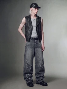 IRON GLYPH Manfinity Streetrush Men's Star Pattern Raw Edge Loose Wide Leg Jeans, Dark Grey Summer Streetwear Cyber Punk Casual Low Waisted Grunge Back-To-School - Black - View 4