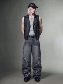 IRON GLYPH Manfinity Streetrush Men's Star Pattern Raw Edge Loose Wide Leg Jeans, Dark Grey Summer Streetwear Cyber Punk Casual Low Waisted Grunge Back-To-School - Black - View 6