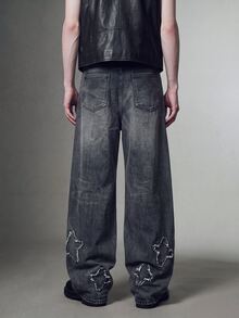 IRON GLYPH Manfinity Streetrush Men's Star Pattern Raw Edge Loose Wide Leg Jeans, Dark Grey Summer Streetwear Cyber Punk Casual Low Waisted Grunge Back-To-School - Black - View 5